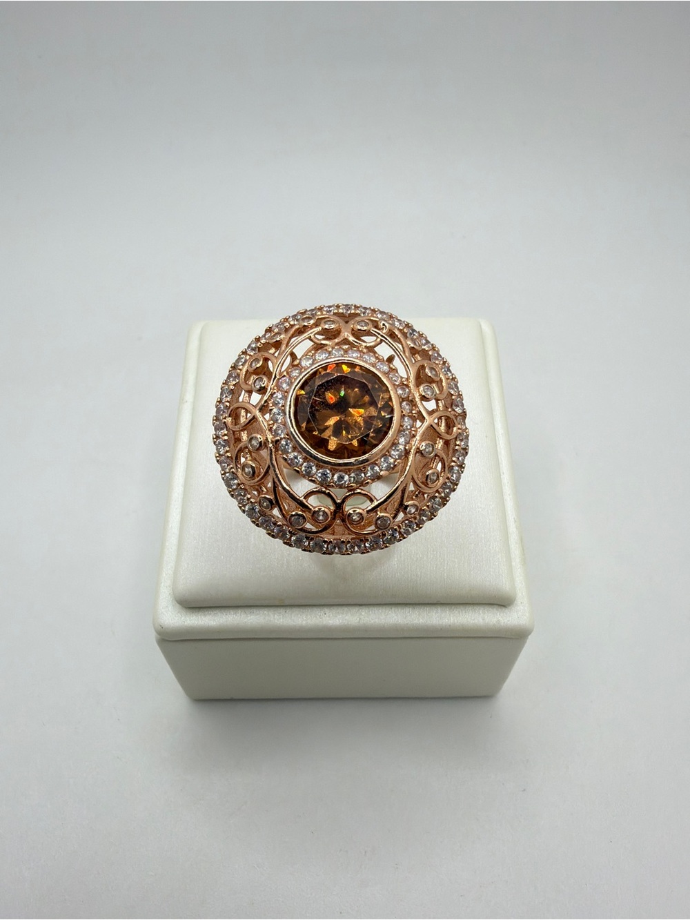 10mm faceted glass brown "stone" and cz diamond‎ statement ring in RG over 925!